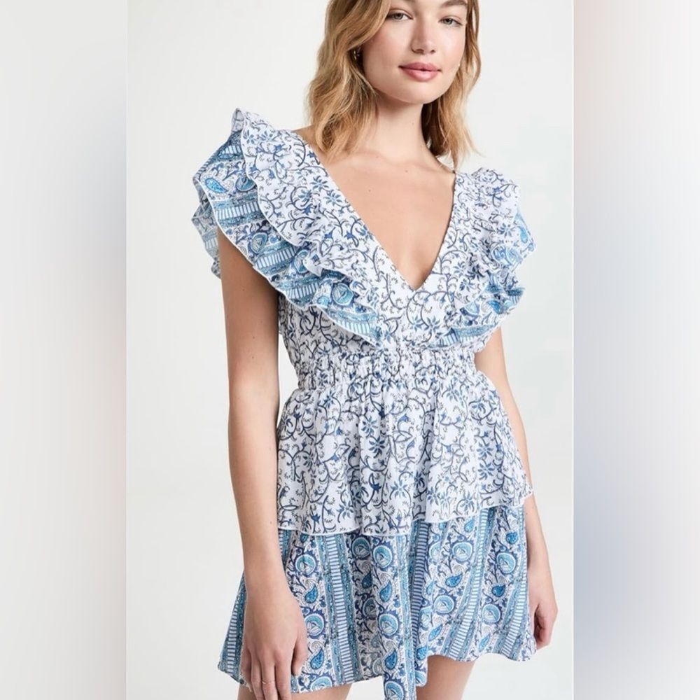 Playa Lucia Blue & White Ruffled Cotton Dress – Statement Piece!
